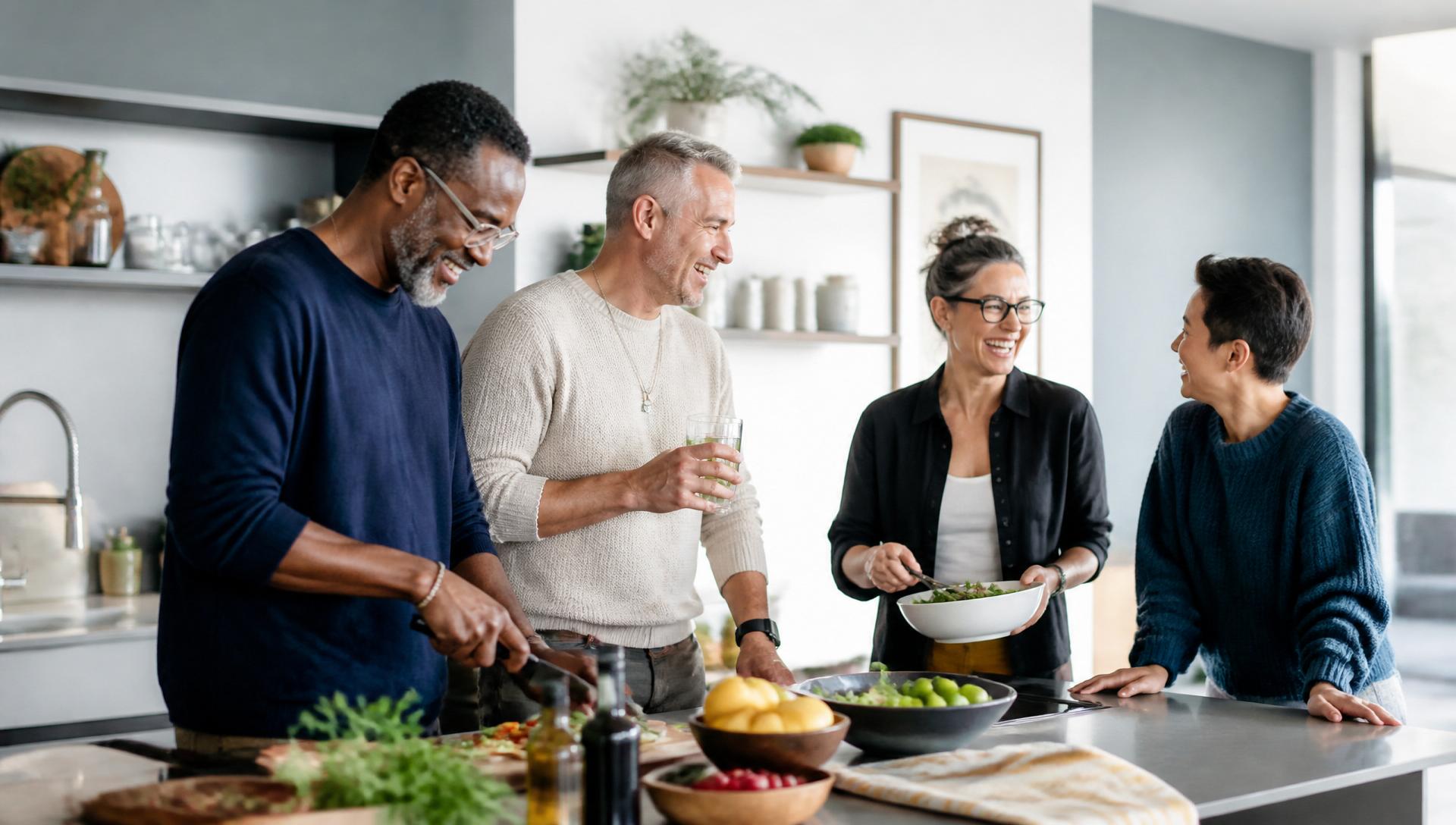 Friends sharing a meal in a bright, modern kitchen