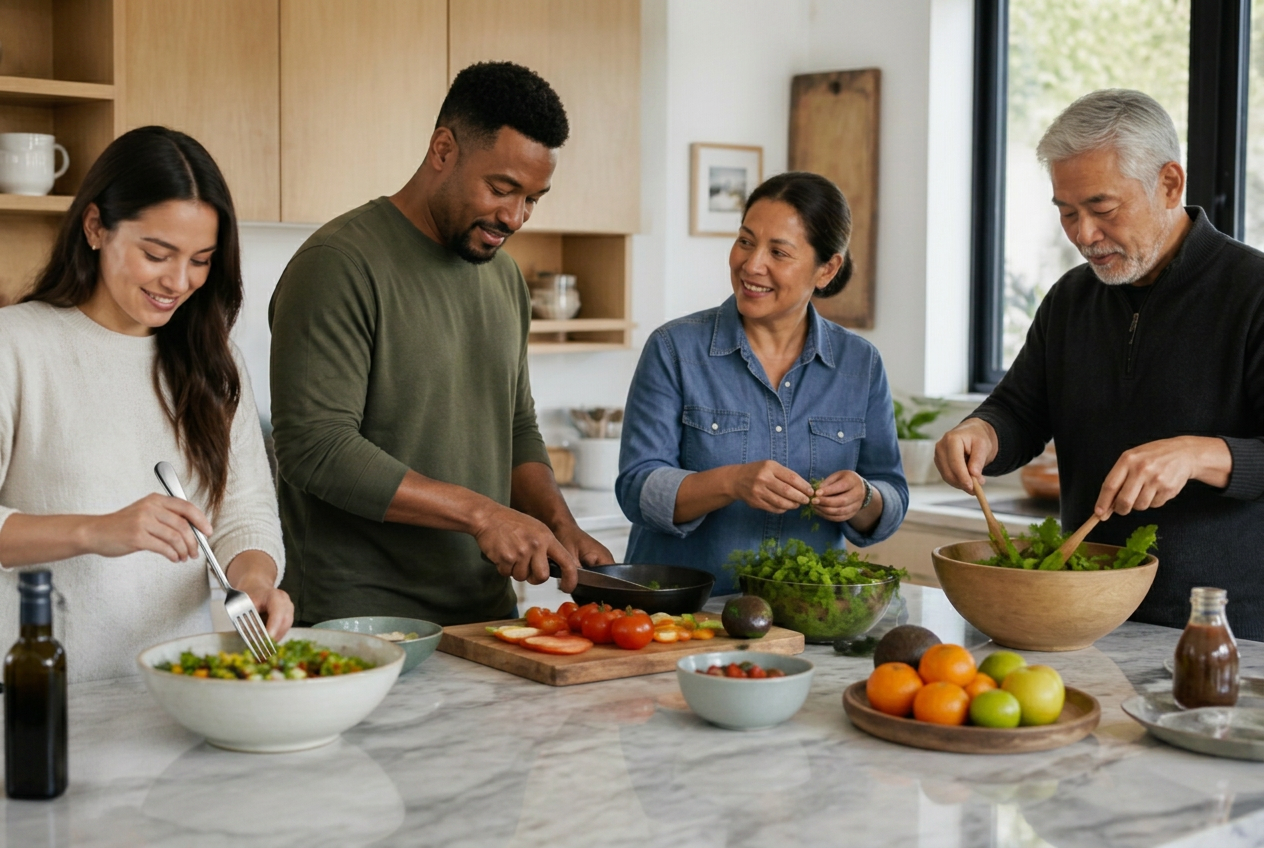 Adults of different ages preparing a fresh meal together in a bright kitchen